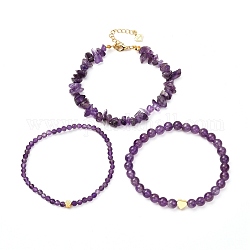 Ensembles de bracelets extensibles en améthyste naturelle pour femmes hommes filles cadeaux, diamètre intérieur: 2-3/8 pouce (6 cm), 3 pièces / kit