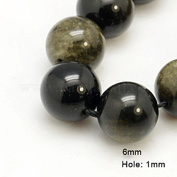 Chapelets de perles en obsidienne dorée naturelle, ronde, 6mm, Trou: 1mm, Environ 62 pcs/chapelet, 16 pouce