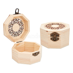Achteckige unfertige hohle Holzaufbewahrungsbox, mit Klappdeckel, Blumenmuster, rauchig, 104.5x96x60 mm