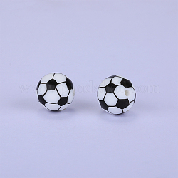 Bedruckte runde Silikon-Fokalperlen mit Fußballmuster, weiß, 15x15 mm, Bohrung: 2 mm