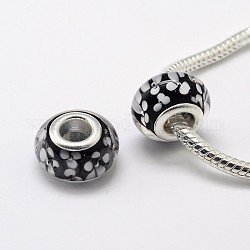 Handmade Lampwork Large Hole Rondelle European Beads, with Double Silver Color Brass Cores, Black, 14x9mm, Hole: 4.5mm