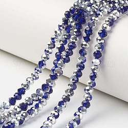 Placcare trasparente perle di vetro fili, mezzo argento placcato, sfaccettato, rondelle, blu scuro, 4x3mm, Foro: 0.4 mm, circa 130pcs/filo, 16.54 pollice (42 cm)