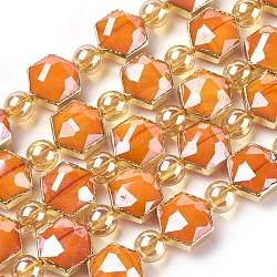 Abalorios opacas de vidrio hebras, con fornituras de latón de tono de oro, lustre de la perla chapado, facetados, hexágono, naranja oscuro, 12x10.5x7~7.5mm, agujero: 1.2 mm, aproximamente 10 pcs / cadena, 6.81 pulgada (17.3 cm)