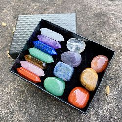 Kits de piedras y cristales curativos, Incluye 7 piedra preciosa puntiaguda de chakra y 7 pepitas de piedras espirituales caídas., colorido, 88x68x30mm