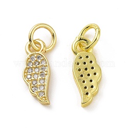 Brass Micro Pave Clear Cubic Zirconia Charms, with Jump Ring, Wing Charm, Real 18K Gold Plated, 12x5x1.5mm, Hole: 3.2mm