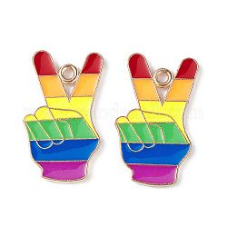 Regenbogenfarbene Pride-Emaille-Anhänger aus Legierung, Siegeszeichen-Handanhänger, Licht Gold, Farbig, 25.5x15x1.5 mm, Bohrung: 2 mm