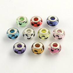 Large Hole Footprints Pattern Resin European Beads, with Platinum Plated Brass Double Cores, Rondelle, Mixed Color, 14x9mm, Hole: 5mm