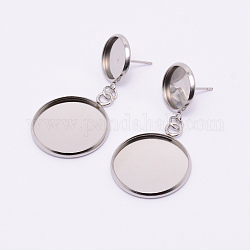 Stainless Steel Stud Earring Settings, Flat Round, Stainless Steel Color, 40mm, Pin: 0.7mm, Flat Round: 20.5x2mm, Tray: 12mm and 20mm