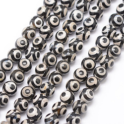 3-Augen-Dzi-Perlen im tibetischen Stil, natürliche Achat Perle Stränge, Runde, gefärbt und erhitzt, Schwarz, 8 mm, Bohrung: 1 mm, ca. 47 Stk. / Strang, 15 Zoll
