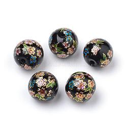 Gedruckt Glasperlen, Runde mit Blumenmuster, Schwarz, 11~12x11 mm, Bohrung: 1.5 mm