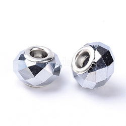 Plated Glass European Beads, with Silver Color Plated Brass Core, Large Hole Beads, Faceted Rondelle, , 13~14x9mm, Hole: 4.5~5mm