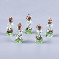 Glas, das Flaschenanhängerdekorationen wünscht, mit harz & papier & schale, mit Korken und Eisenfunden, Aquamarin, 40~42x16 mm, Bohrung: 2 mm