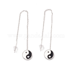 Longue chaîne avec boucles d'oreilles pendantes en émail yin yang, 304 fil d'oreille en acier inoxydable pour femme, couleur inoxydable, 101mm, pin: 1 mm