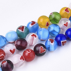 Handmade Lampwork Beads Strands, Round with Heart, Mixed Color, 7.5~8mm, Hole: 1.5mm, about 47pcs/strand, 13.9 inch