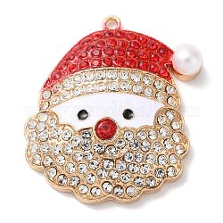 Ciondoli natalizi in strass in lega di zinco, con smalto e perla di plastica, Babbo Natale, 38x35x8mm, Foro: 2 mm