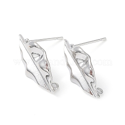 Brass Stud Earring Finding, with Vertical Loop, Leaf, Real Platinum Plated, 20.5x10.5mm, Hole: 1.2mm, Pin: 0.7mm