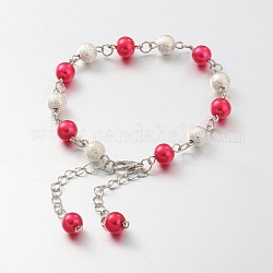 Round Glass Pearl Anklets, with Textured Brass Beads, Zinc Alloy Lobster Claw Clasps and Iron End Chains, Red, 230mm