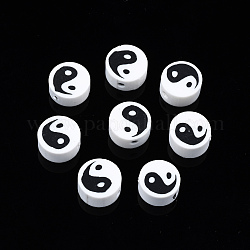 Abalorios de arcilla polimérica hechos a mano, plano y redondo con yin yang, blanco, 9~10x9~10x4~7mm, agujero: 2 mm