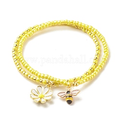 2Pcs Glass Seed Beaded Stretch Bracelets Set, Alloy Enamel Bees & Flower Charm Bracelet for Women, Yellow, Inner Diameter: 2-1/8~2-1/4 inch(5.5~5.6cm), 1Pc/style