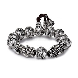 Bracelets extensibles en perles d'alliage, avec caractère chinois & pi xiu, argent antique