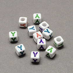 Large Hole Colorful Acrylic Letter European Beads, Horizontal Hole, Cube with Letter.Y, 7x7x7mm, Hole: 4mm, about 1144pcs/500g