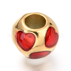 Ion Plating(IP) 304 Stainless Steel European Beads, with Enamel, Large Hole Beads, Round with Heart, Golden, Dark Red, 10.5mm, Hole: 4.5mm