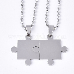 Valentine's Day Theme 304 Stainless Steel Pendants Necklaces, with Ball Chains, Puzzle, Stainless Steel Color, 23.8 inch(60.5cm), 0.25cm, 2pcs/set