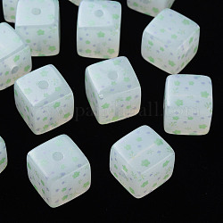 Perles acryliques imprimées, carré avec motif de fleurs, vert clair, 16x16x16mm, Trou: 3mm