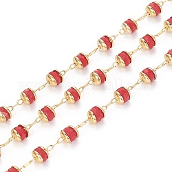 3.28 Feet Handmade Glass Beaded Chains, with Brass Findings, Long-Lasting Plated, Rondelle, Faceted, Soldered, Golden, Red, 4mm