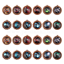 Glass Pendants, with Wooden Cabochon Settings, Half Round with 12 Constellations Pattern, Mixed Color, 44x43x11mm, Hole: 3mm, 1pc/constellation, 12 constellation, 12pcs/set
