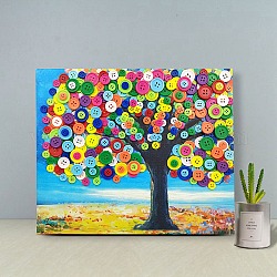 Arte creativo del botón de la resina del patrón del árbol de diy, con papel para pintar en lienzo y marco de madera, juguetes pegajosos de la pintura del arte educativo para los niños, colorido, 30x25x1.3 cm