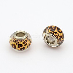 Handmade Polymer Clay Enamel Large Hole Rondelle European Beads, with Platinum Brass Double Cores, Gold, 14x9mm, Hole: 5mm
