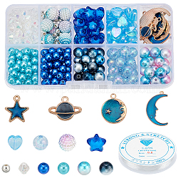 Kit de fabrication de bracelet nbeads diy planète, y compris rond et coeur et étoile et rond acrylique et perles en plastique abs, pendentifs en émail alliage lune et étoile, bleu, pendentifs: 8 pièces / ensemble