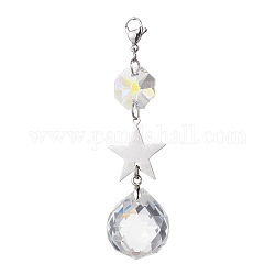 Brass Pendant Decoration, Glass Teardrop/Octagon and Lobster Claw Clasps Charm, Platinum, Star, 78mm