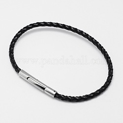 Плетеный кожаный шнур браслет материалы, с 304 нержавеющей стали штык застежками, чёрные, 205x3.5 мм