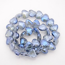 Faceted Heart Electroplate Rainbow Plated Glass Beads Strands, Light Sky Blue, 16.5x19.5x9mm, Hole: 1mm, about 40pcs/strand, 24.4 inch