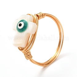 Cross with Evil Eye Natural Shell Finger Rings for Girl Women, Golden Brass Rings, White, US Size 6 3/4(17.1mm)