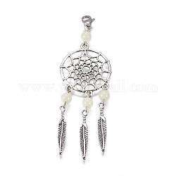 Alloy Pendants, with 304 Stainless Steel Lobster Claw Clasps, Iron Finding, Luminous Acrylic Round Beads, Woven Net/Web with Feather, Antique Silver, 92mm