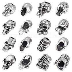 Unicraftale 16Pcs 8 Style Outdoor EDC Tool Alloy Parachute Rope European Beads, Large Hole Beads, Skull, Antique Silver, 14.5~19x10~16x8.5~14.5mm, Hole: 4.5~6mm, 2pcs/style