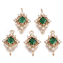Brass Micro Pave Cubic Zirconia Links Connectors, with Glass, Long-Lasting Plated, Rhombus, Light Gold, Sea Green, 17x11x4mm, Hole: 1.2mm
