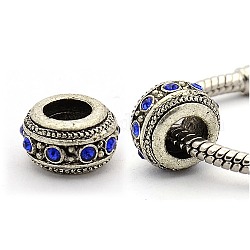 Vintage Alloy Rhinestone European Beads, Large Hole Rondelle Beads, Antique Silver, Sapphire, 12x7mm, Hole: 6mm