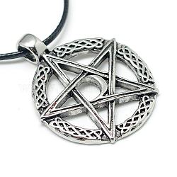 Alloy Pendant Necklaces, Wicca Jewelry, with Waxed Cord and Iron End Chains, Star and Moon, Antique Silver, 17.3 inch(44cm)
