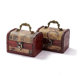 ヴィンテージ木製ジュエリーボックス  puレザー装飾宝箱ボックス  キャリーハンドルとラッチ付き  マップ模様の長方形  サンゴ  11.9x9.05x9cm