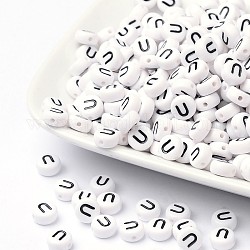 Acrylic Beads, with Horizontal Hole, Letter, Flat Round, Letter.U, 7x4mm, Hole: 1mm, about 146pcs/20g