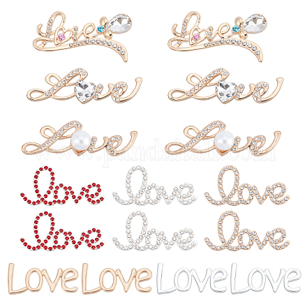 PandaHall 16pcs 8 Styles Love Connector Charms 6 Styles Shiny Rhinestone Love Charms 2 Styles Alloy Cabochons Frames Cloth Clog Shoe Charms for Hair Accessory DIY Valentine's Day Jewelry AJEW-PH0003-21-1