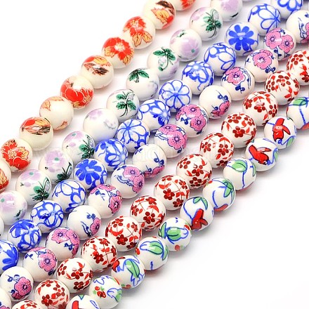 Chapelets de perles en céramique imprimées de fleurs manuelles PORC-M006-8mm-M-1