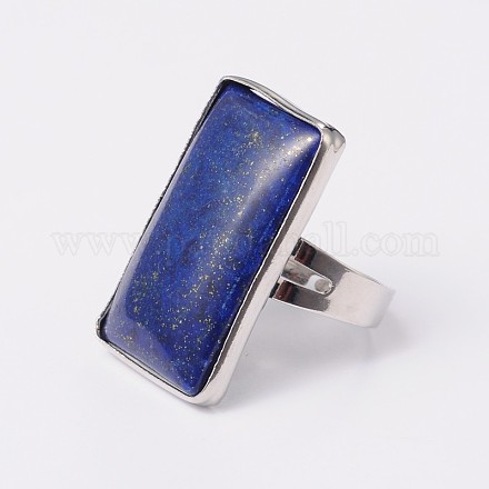 Adjustable Rectangle Lapis Lazuli Brass Rings RJEW-N024-01-1