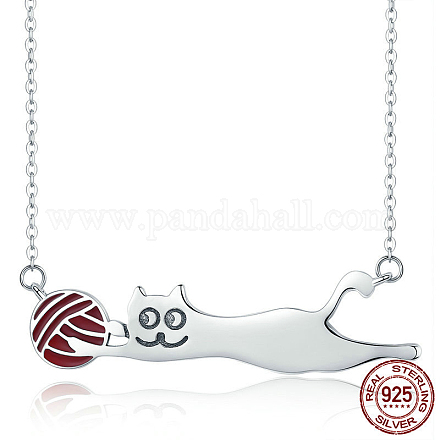 925 collar con colgante de gatito esmaltado en plata de ley. NJEW-FF0005-05AS-1