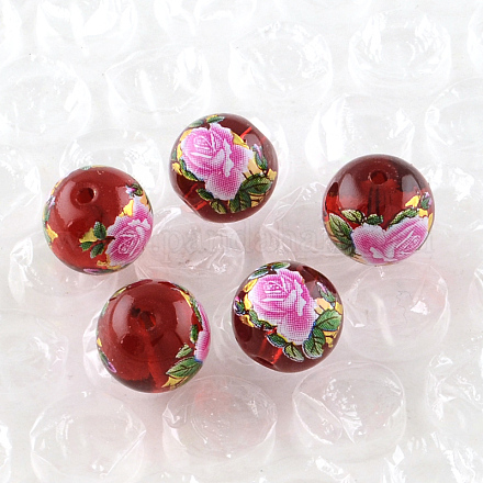 Rosa motivo floreale stampato perle di vetro tondo GFB-R004-10mm-R01-1