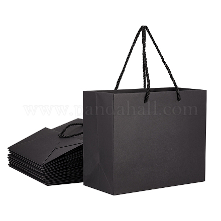 クラフト紙袋ギフトショッピングバッグ  ナイロンコードハンドル付き  長方形  ブラック  22x10x18cm ABAG-E002-10A-1